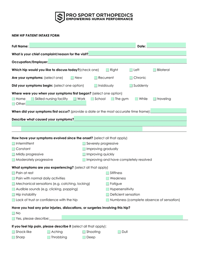NEW HIP PATIENT INTAKE FORM screenshot
