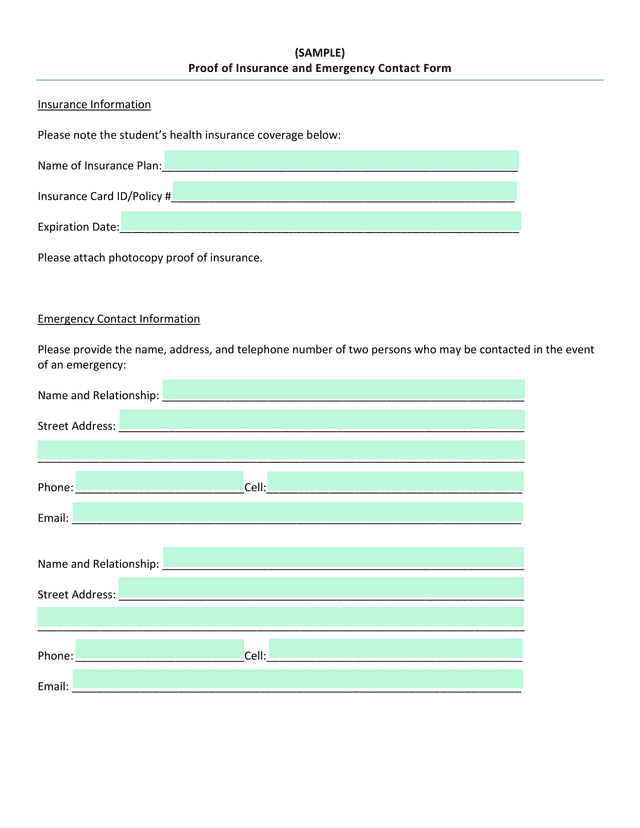 Proof Of Insurance And Emergency Contact Form screenshot
