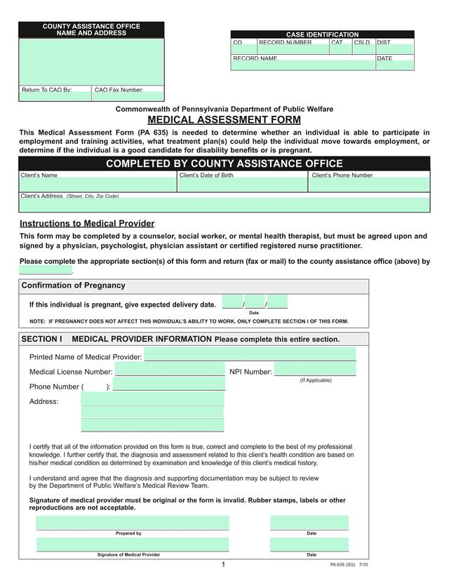 Medical Assessment Form (PA 635) screenshot