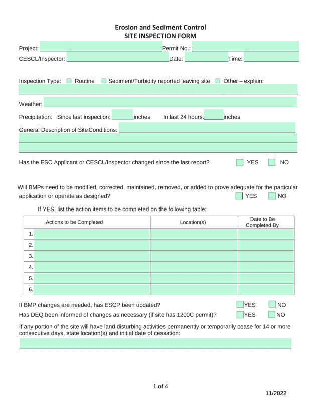 Erosion And Sediment Control Site Inspection Form screenshot
