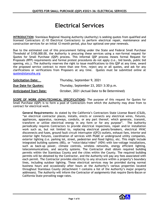 QUOTES FOR SMALL PURCHASE (QSP) 2021 36 ELECTRICAL SERVICES screenshot
