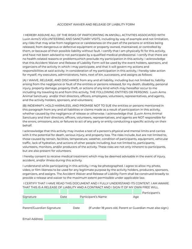 Accident Waiver And Release Of Liability Form screenshot
