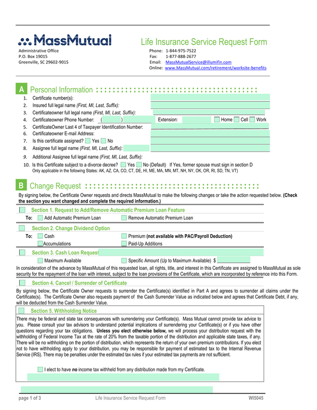Life Insurance Service Request Form screenshot