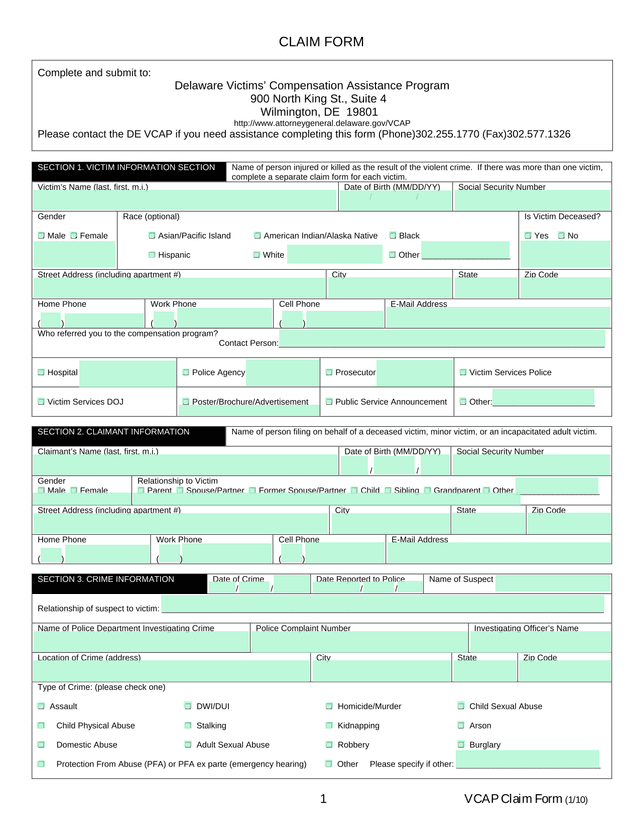 VCAP Claim Form screenshot