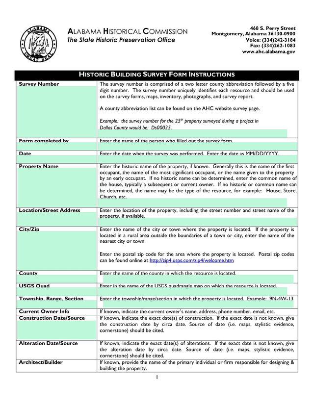 Historic Building Survey Form Instructions screenshot