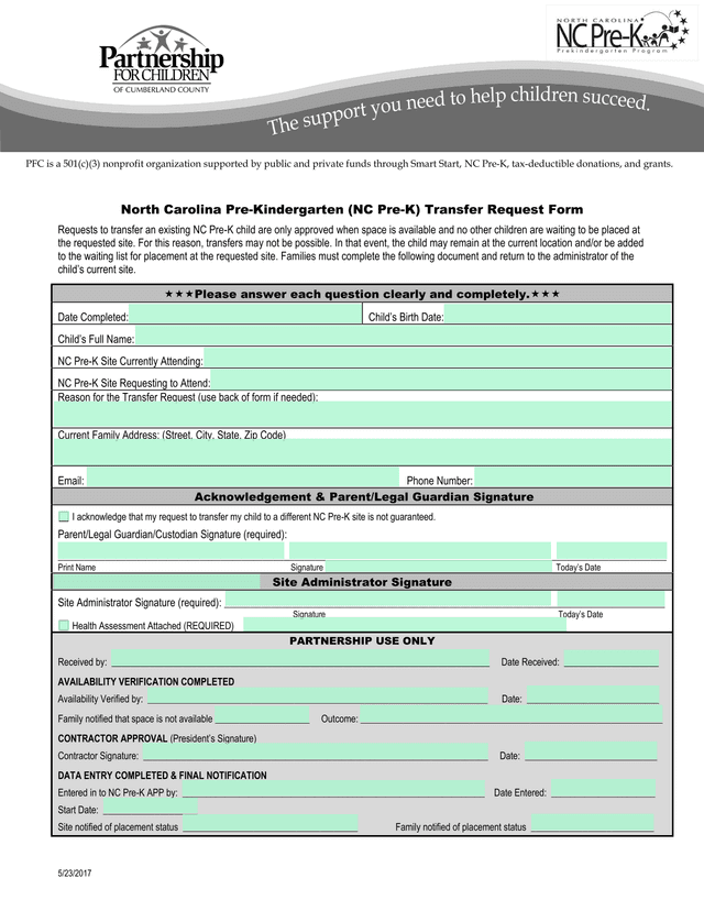 North Carolina Pre Kindergarten (NC Pre K) Transfer Request Form screenshot