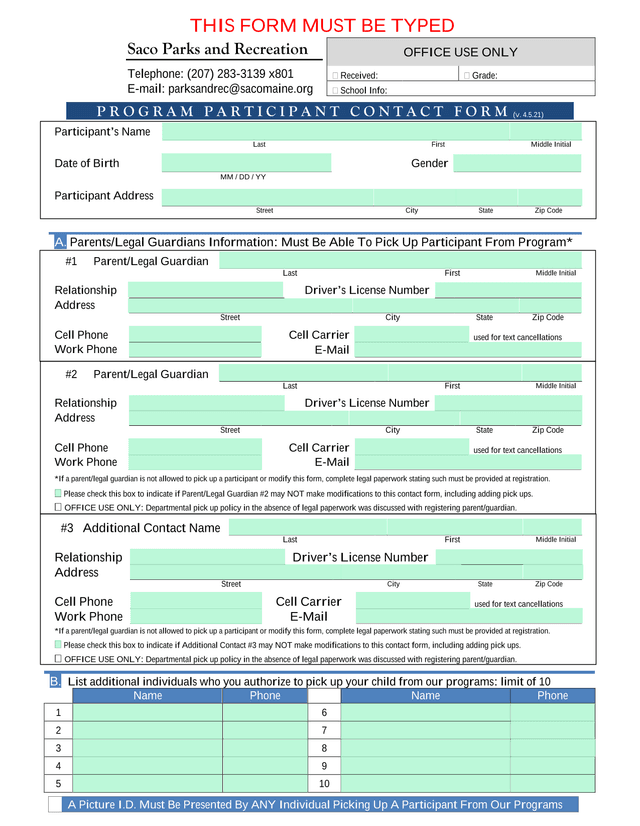 Program Participant Contact Form screenshot
