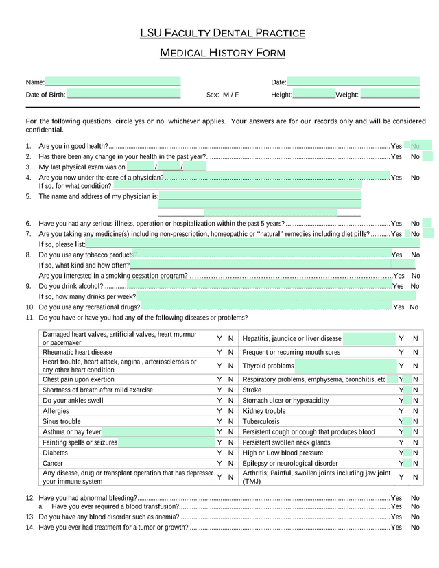 LSU Faculty Dental Practice Medical History Form screenshot