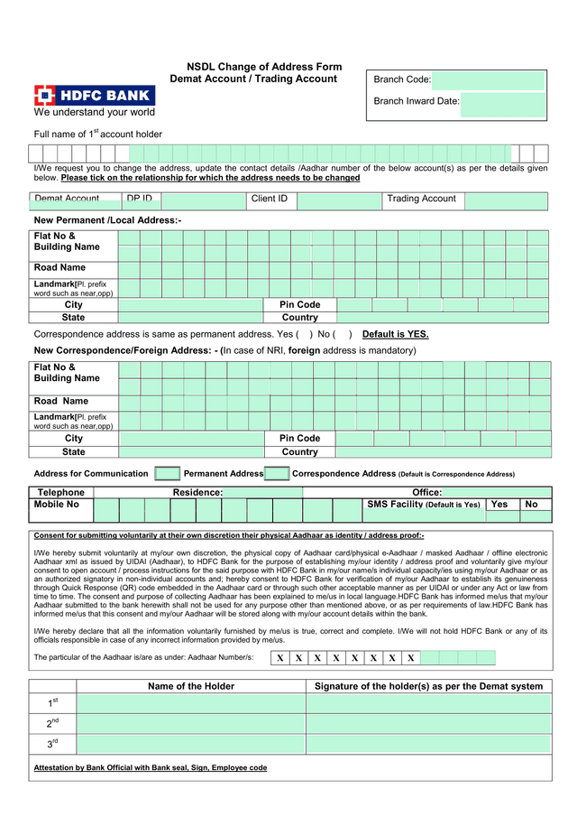 NSDL Change Of Address Form screenshot