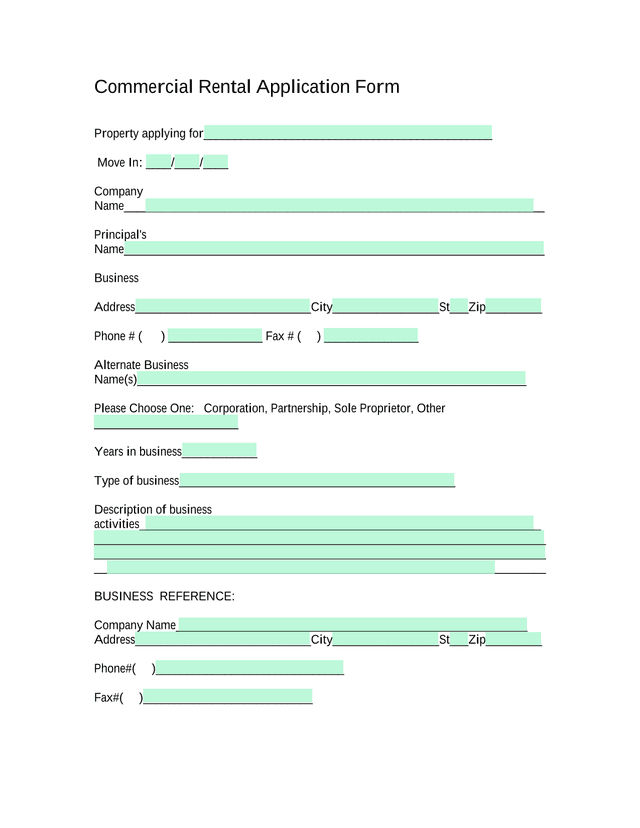 Commercial Rental Application Form screenshot