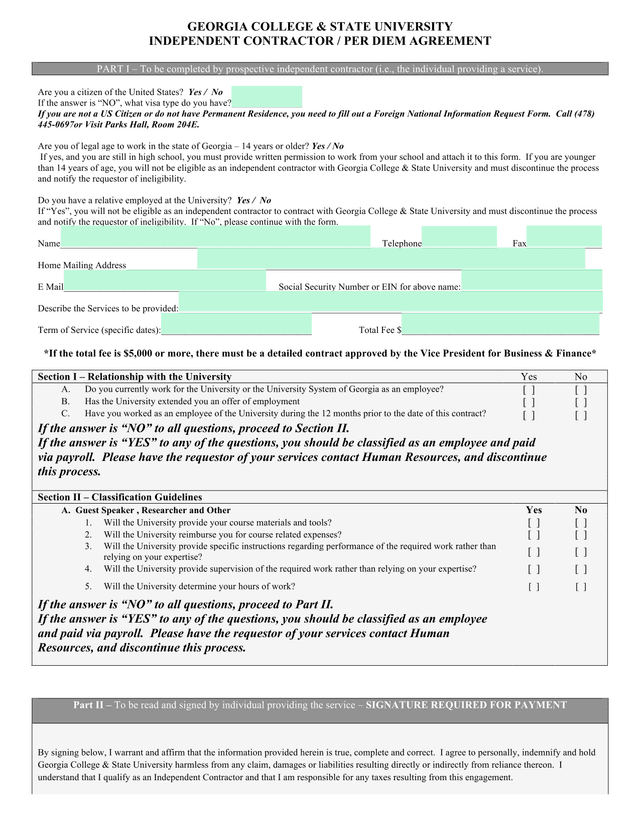 Independent Contractor  Per Diem Agreement screenshot
