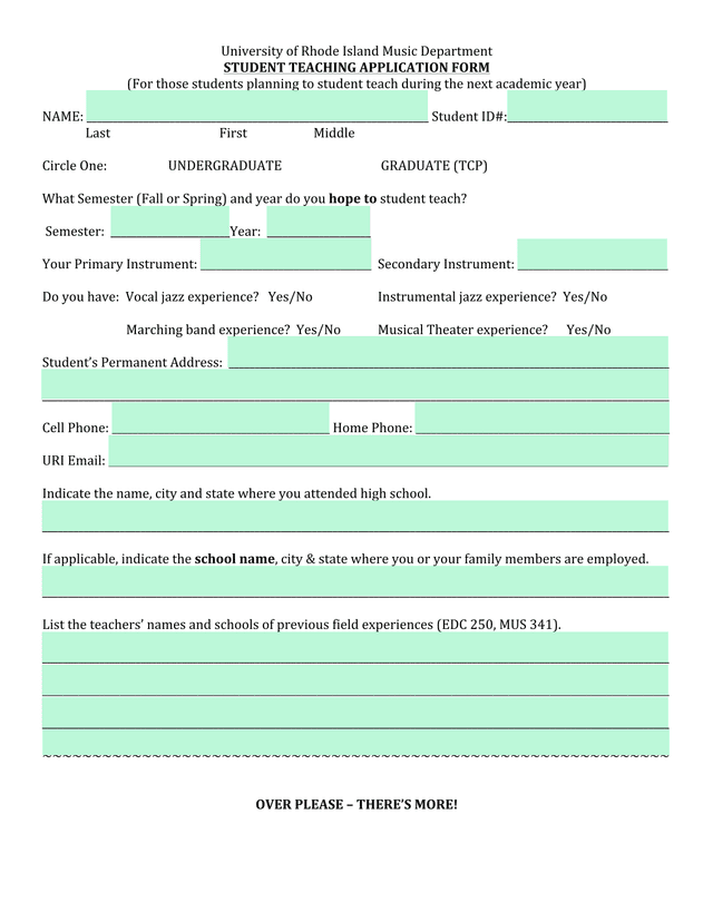 Student Teaching Application Form screenshot