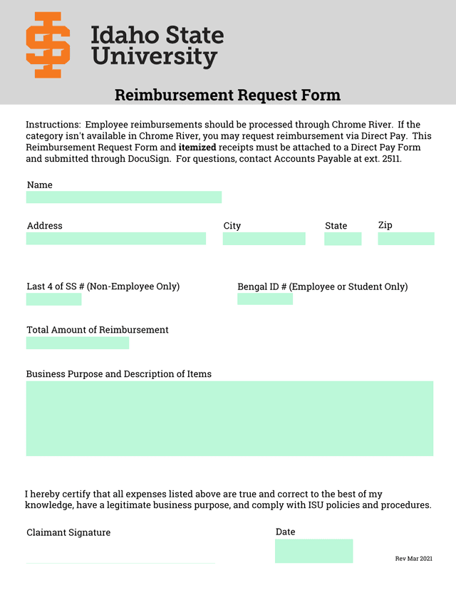 Reimbursement Request Form screenshot