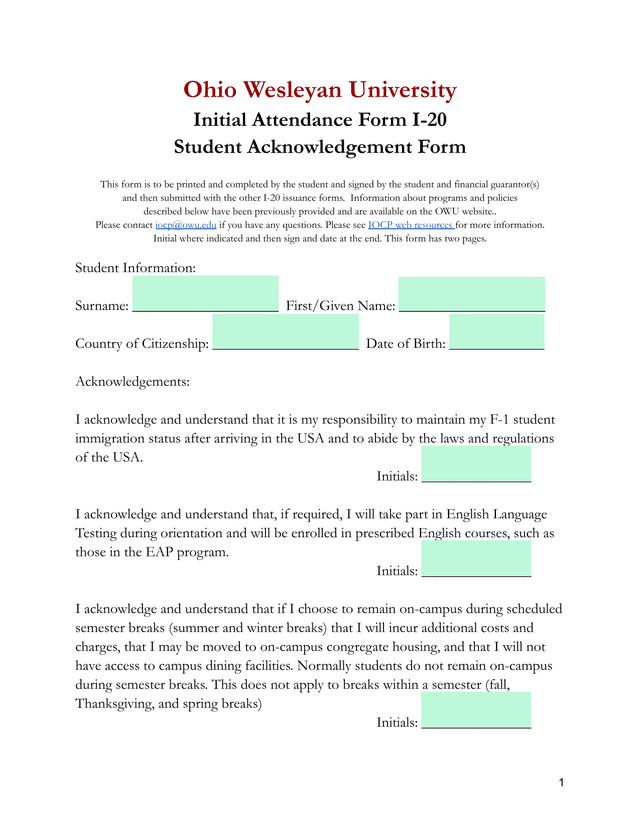 Ohio Wesleyan University Initial Attendance Form I 20 screenshot