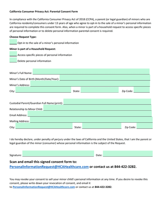 California Consumer Privacy Act Parental Consent Form screenshot