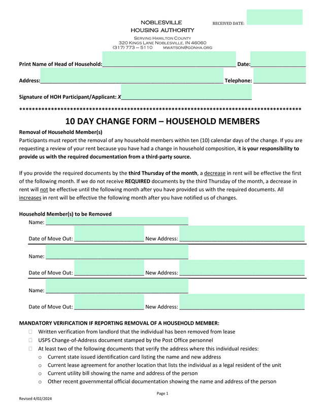 10 Day Change Form  Household Members screenshot