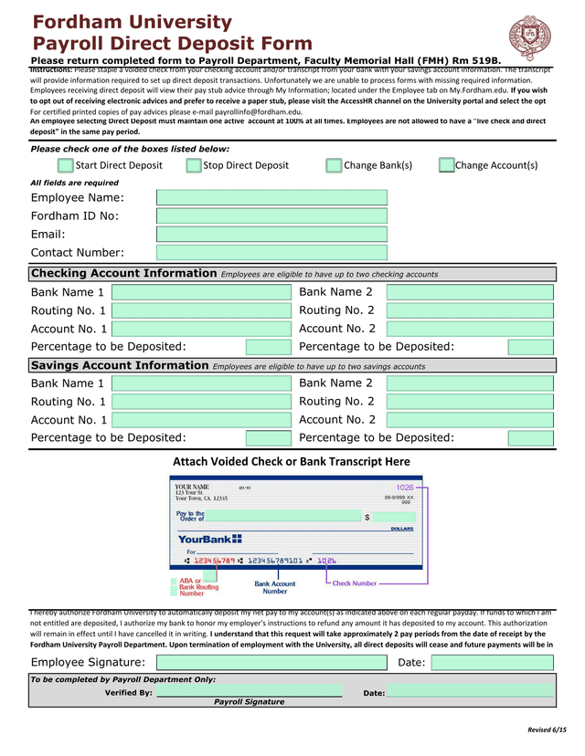 Payroll Direct Deposit Form screenshot