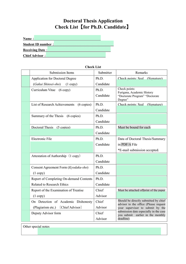 Doctoral Thesis Application Check List screenshot
