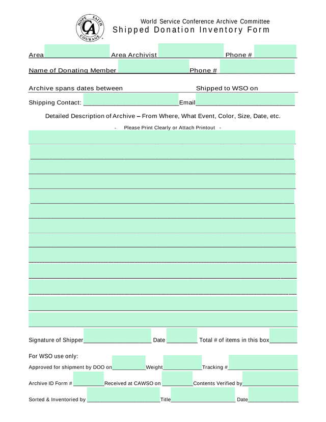 Shipped Donation Inventory Form screenshot