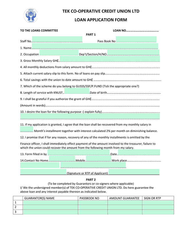 TEK CO OPERATIVE CREDIT UNION LTD LOAN APPLICATION FORM screenshot