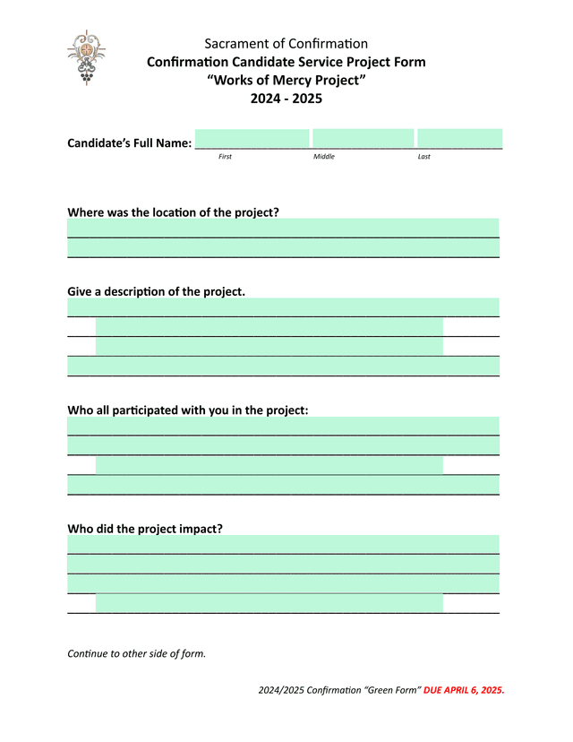 Sacrament Of Confirmation Confirmation Candidate Service Project Form screenshot