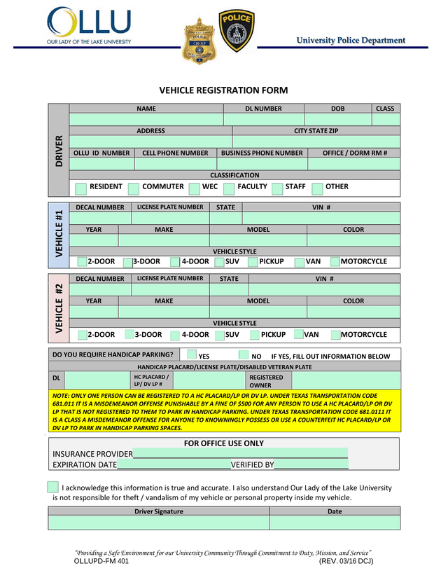Vehicle Registration Form screenshot