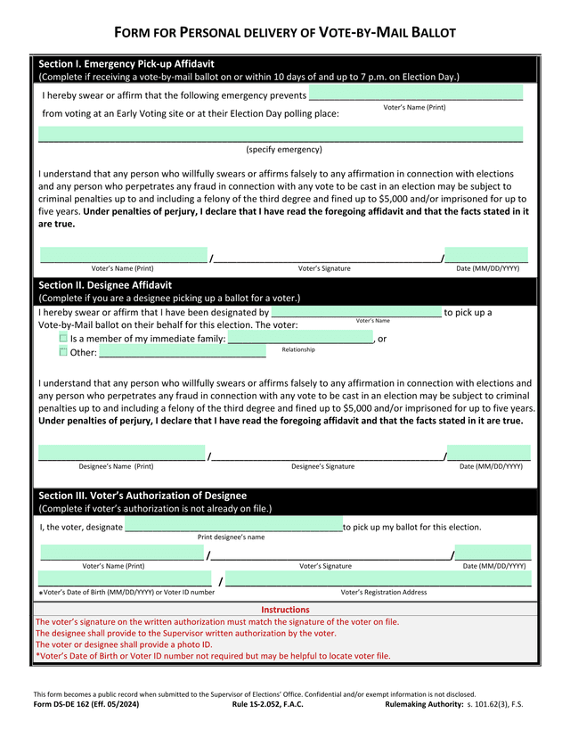 Form For Personal Delivery Of Vote By Mail Ballot screenshot