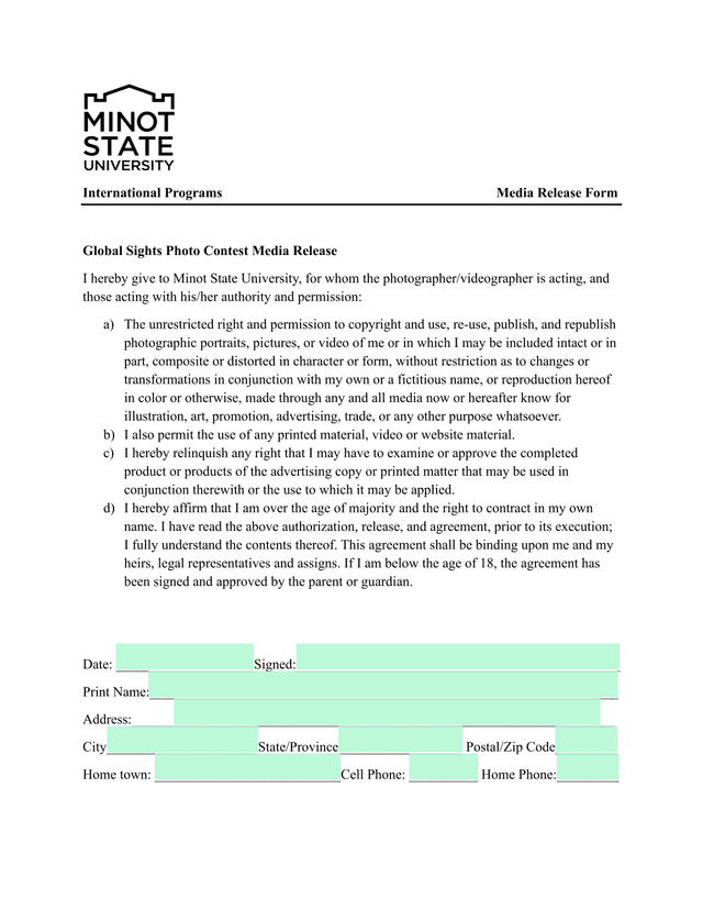 Global Sights Photo Contest Media Release Form screenshot