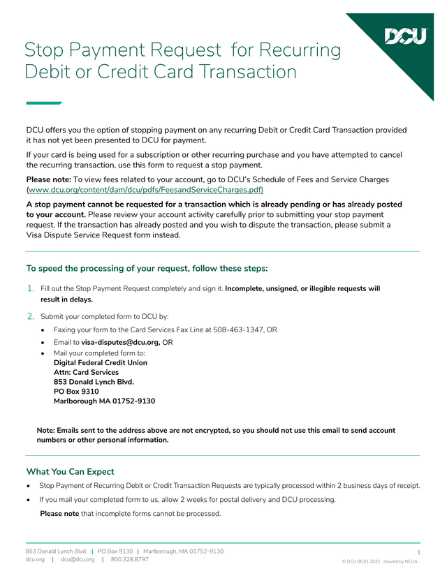 Stop Payment Request For Recurring Debit Or Credit Card Transaction screenshot