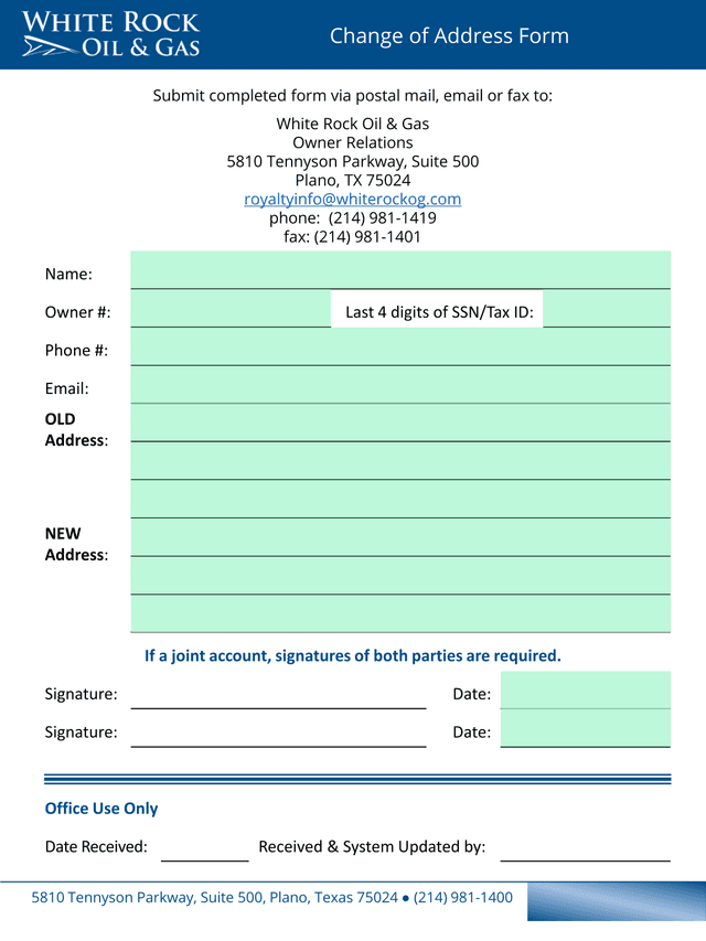 Change Of Address Form screenshot