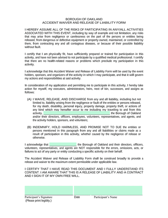 BOROUGH OF OAKLAND ACCIDENT WAIVER AND RELEASE OF LIABILITY FORM screenshot