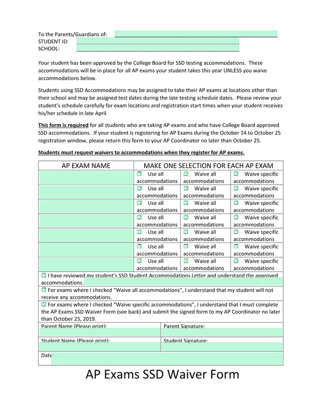 SSD Accommodations Waiver Form For AP Exams screenshot