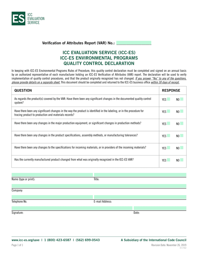 ICC ES Quality Control Declaration screenshot