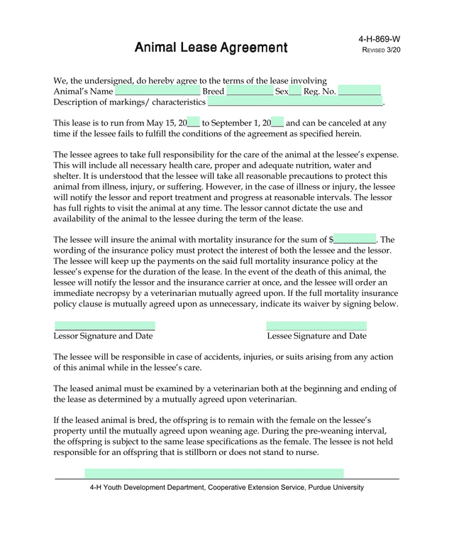4 H 869 W Animal Lease Agreement screenshot