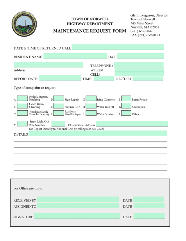 TOWN OF NORWELL HIGHWAY DEPARTMENT MAINTENANCE REQUEST FORM screenshot