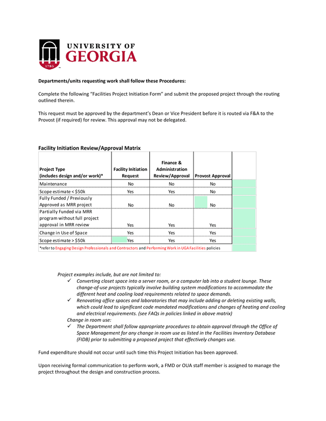 Facilities Project Initiation Form screenshot