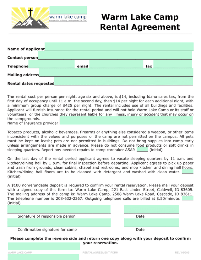 Warm Lake Camp Rental Agreement screenshot