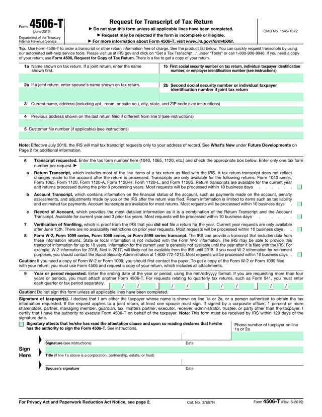 Form 4506 T screenshot
