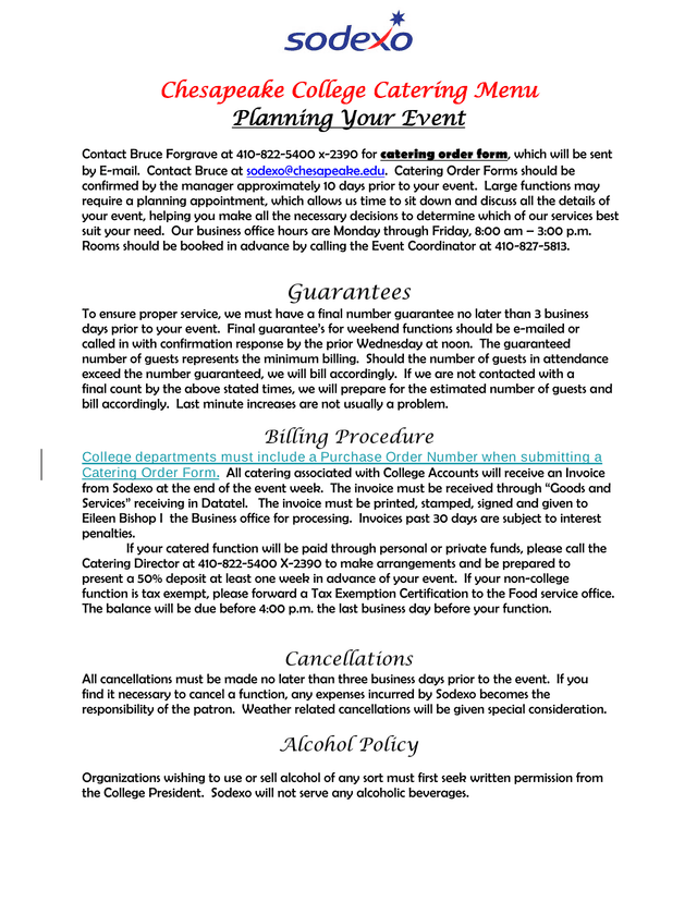 Chesapeake College Catering Menu screenshot