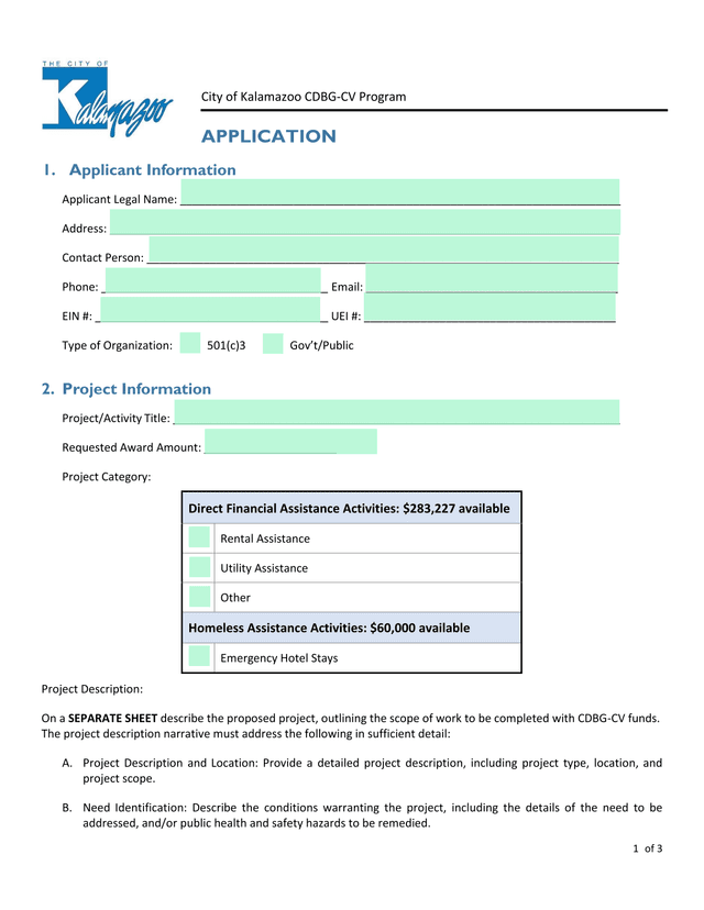 City Of Kalamazoo CDBG CV Program APPLICATION screenshot