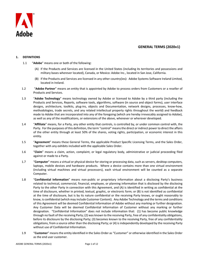 Adobe General Terms (2020v1) screenshot