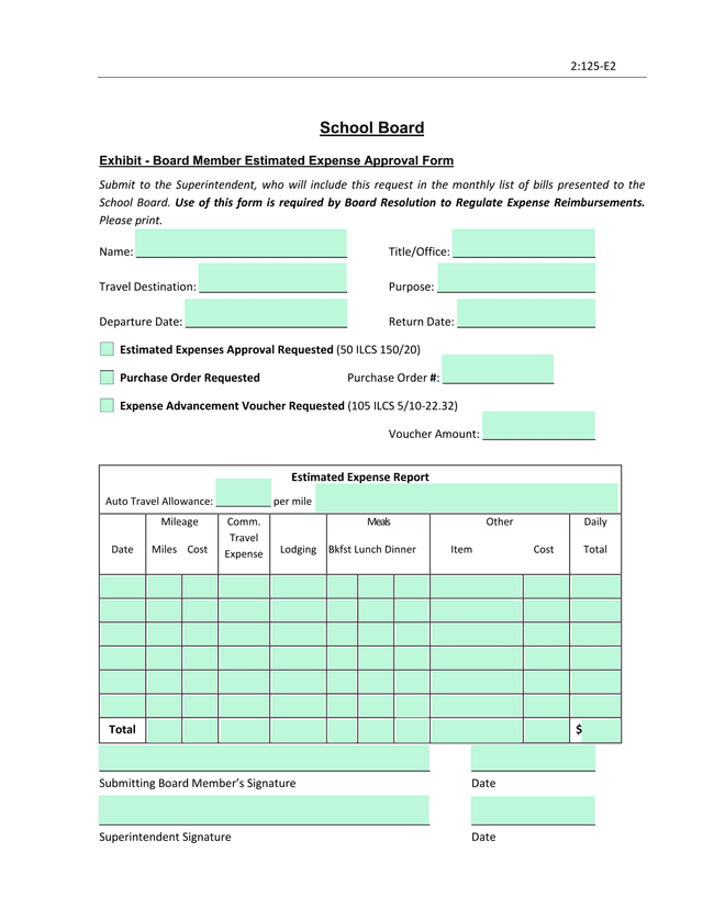 Board Member Estimated Expense Approval Form screenshot