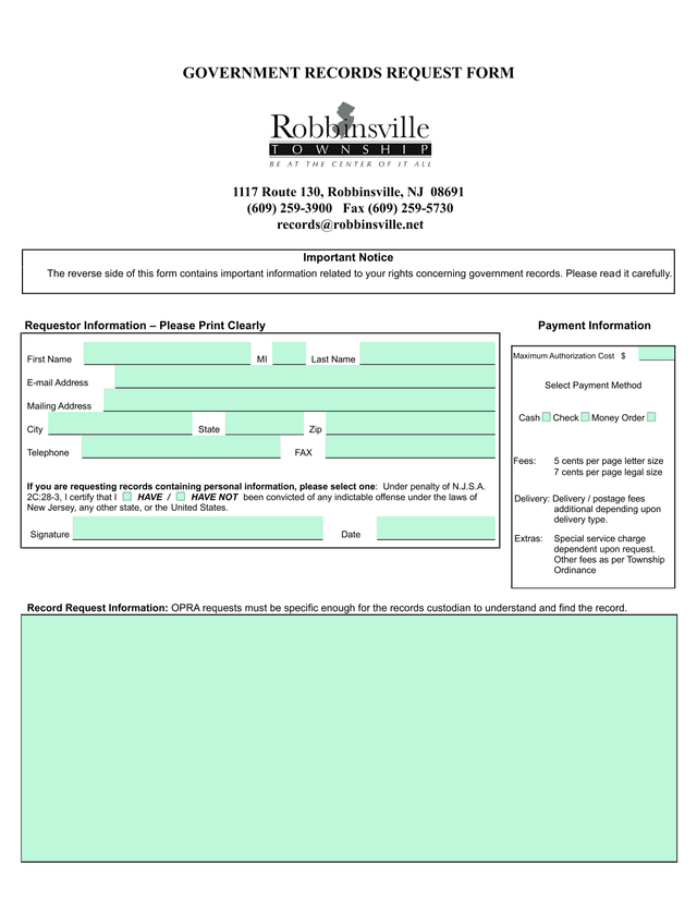 GOVERNMENT RECORDS REQUEST FORM screenshot