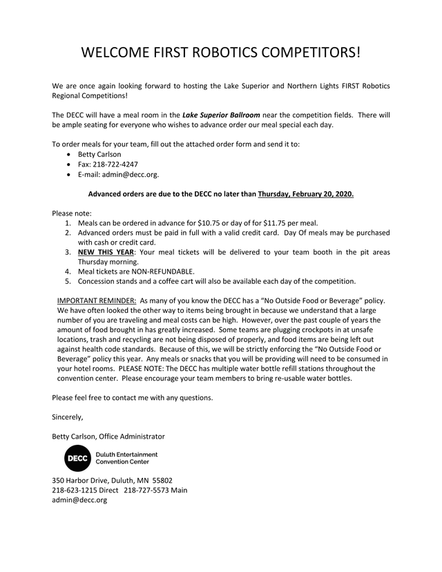 FIRST Robotics Regional Competitions Meal Order Information screenshot