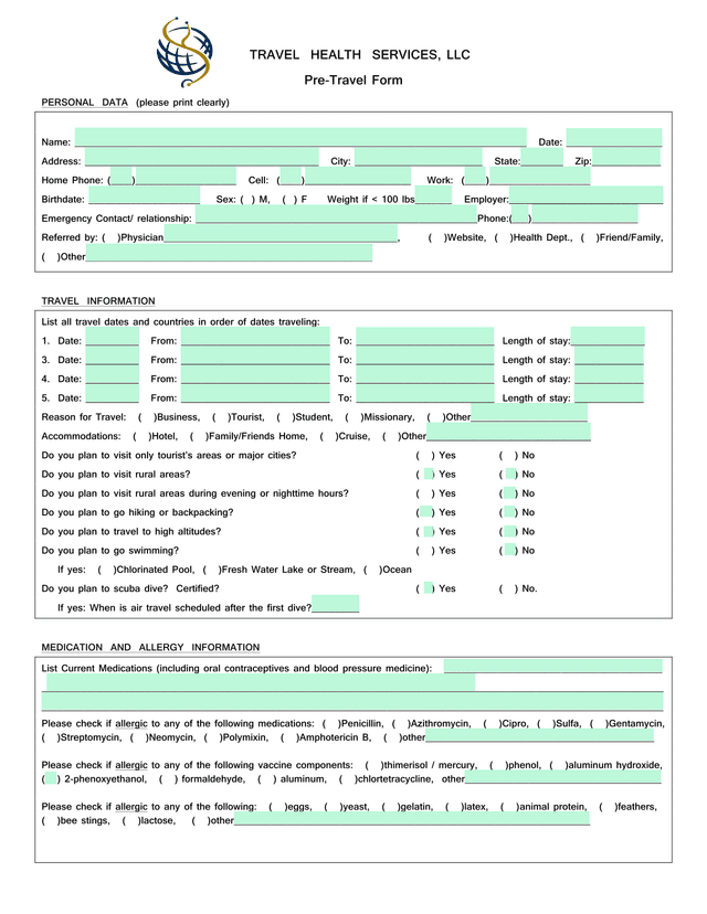 Pre Travel Form screenshot