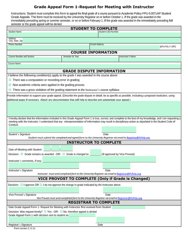 Grade Appeal Form 1 Request For Meeting With Instructor screenshot