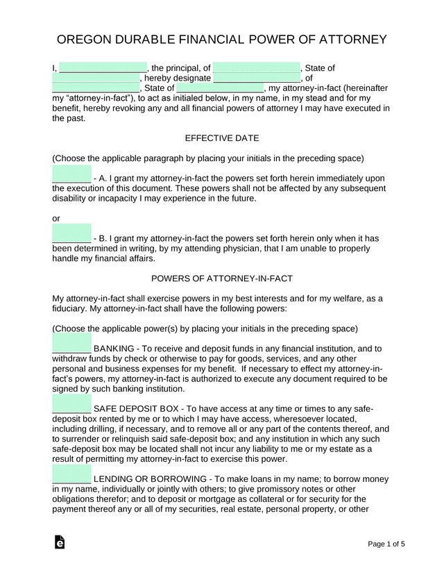 Oregon Durable Financial Power Of Attorney screenshot