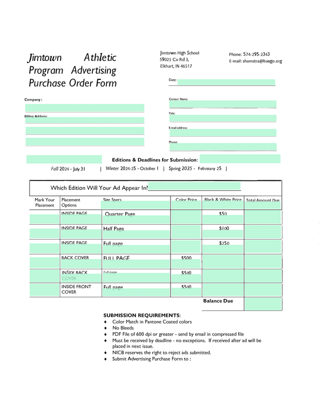 Jimtown Athletic Program Advertising Purchase Order Form screenshot