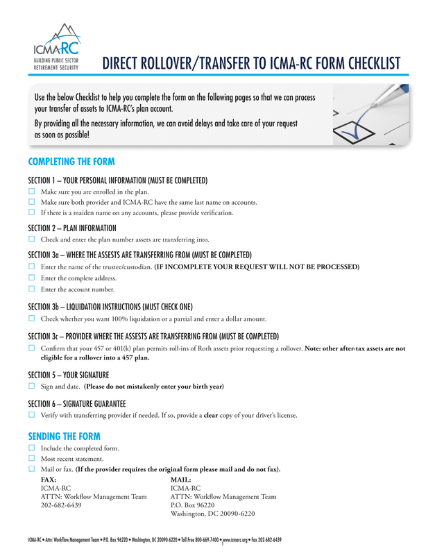 Direct RolloverTransfer To ICMA RC Form Checklist screenshot