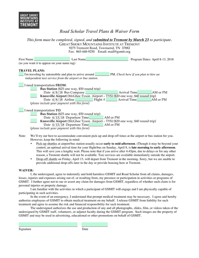 Road Scholar Travel Plans  Waiver Form screenshot